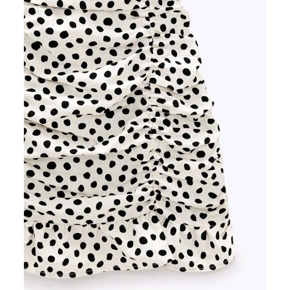 Zara Ruched Polka Dot Puff Sleeve Mini Dress Milkmaid Ivory & Black Dots Medium - Picture 7 of 10
